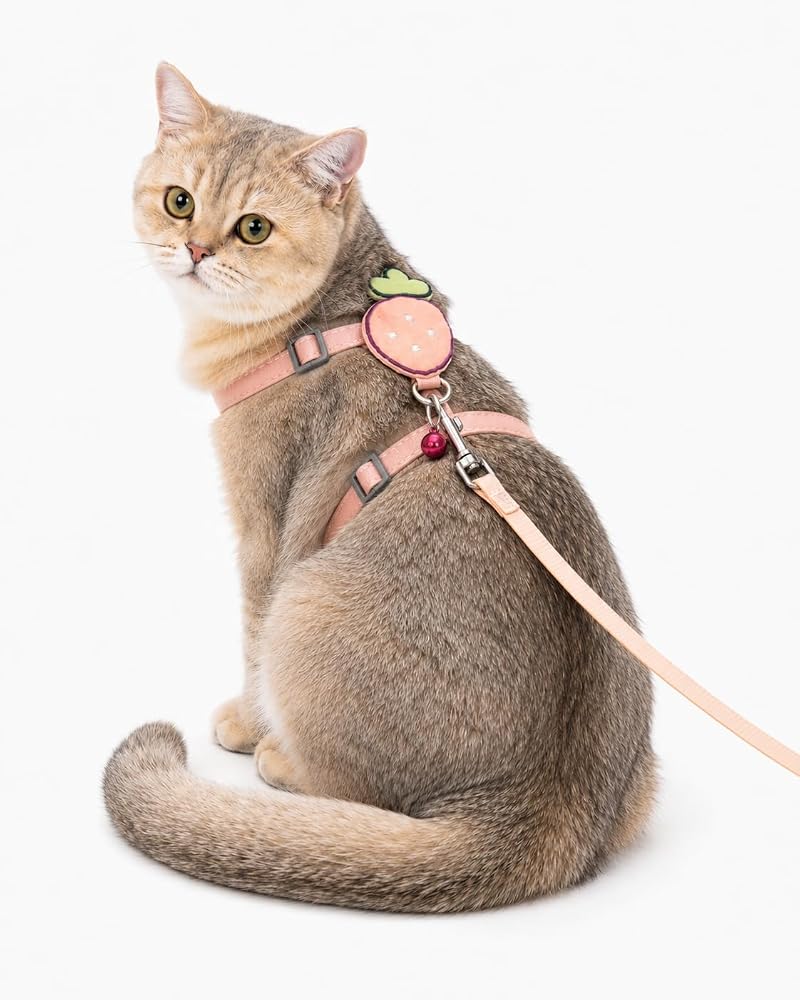 getmeev Çilek Figürlü Zilli Kedi Göğüs Tasması ve Gezdirme Kayışı Seti, Ayarlanabilir Göğüs Tasması ve Gezdirme İpi, Günlük Gezi ve Yürüyüş İçin (Pembe)