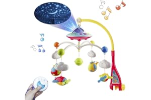 Mini Tudou Musical Baby Crib Mobile Toy with Lights and Music, Star Projector Function and Cartoon Rattles,Remote Control Musical Box with 108 Melodies, Toy for Newborn Sleep