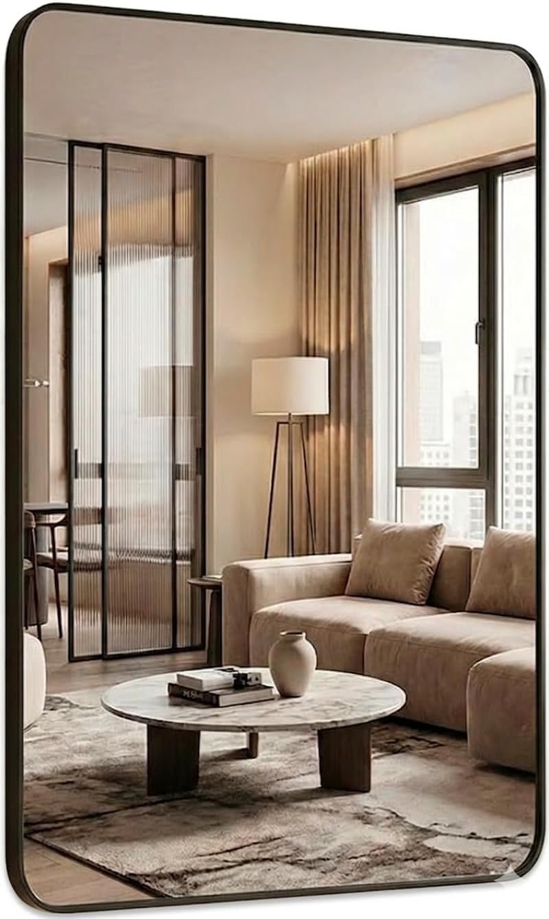 Marctani Espejo Pared Rectangular con Marco de Aluminio Negro, Espejos Decorativos de Pared Biforma (Vertical/Horizontal), Cristal HD de 2.8cm para Baño, Salón o Dormitorio