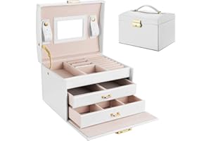 penobon Portagioie Donna con Specchio, Porta Gioielli in Pelle con 2 Cassetti, Scatola Portagioie per Anelli, Orecchini, Collane e Braccialetti