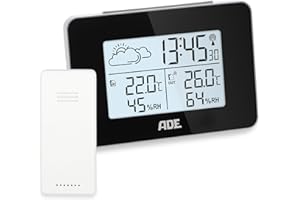 ADE Estación meteorológica digital radiocontrolada con sensor exterior | temperatura interior y exterior | medidor de humedad | previsión meteorológica animada | despertador | negro