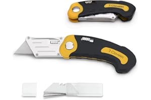 PRACTICTOOLS 3 Claveles - Cutter Navaja Profesional Plegable de Alto Rendimiento, Armazon en Zinc-Alloy PP y Goma Termoplástica, con 10 Cuchillas de Recambio, Medida 10/16 cm (1 - Cutter+Cuchillas)