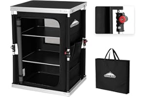 EAGLE PEAK Table Pliante de Camping extérieure avec Grande boîte de Rangement à Trois Niveaux et Poches latérales Cuisine de Camping Portable en Aluminium Facile à Installer, Noir