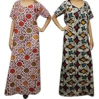 Mogul Interior 2 pc Women's Long Caftan Dress Printed Cotton Boho Chic Nightgown Caftan L