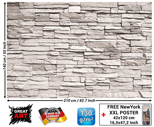 Foto mural White Stonewall - Tapiz de piedra 3D Piedra Muro Decoración de pared Óptica de piedras blancas Pared de piedras Muro de piedras I foto póster deco pared by GREAT ART (210x140 cm)