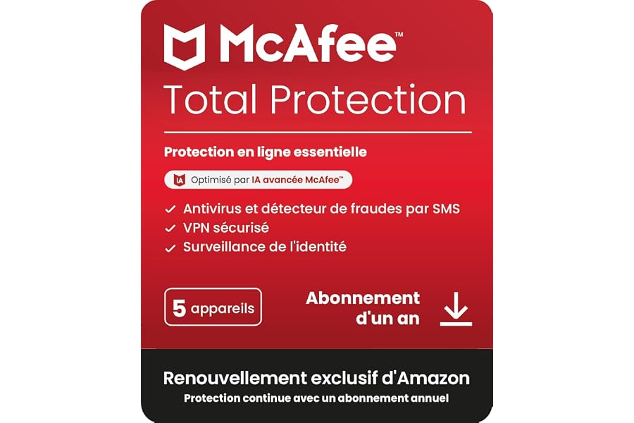 McAfee Total Protection 5 appareils 2025 |12 mois | VPN sécurisé, logiciel de sécurité avec antivirus, gestionnaire de mots d