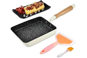 Artcome, padella giapponese per omelette con rivestimento antiaderente Tamagoyaki, rettangolare, con spatola e pennello in silicone, piastra nera e gomma magica in spugna (bianco)