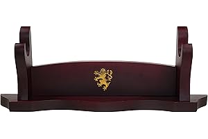 Mythrojan Medieval Sword Stand Solid Wood Horizontal Display Rack for Katana, Samurai, Gladiator, Crusader Swords Elegant Tabletop Holder, 1-Tier - Dark Brown