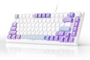 AJAZZ AK820 Wired Mechanical Keyboard, 75% Gaming Keyboard with Volume Control Knob, PBT Keycaps, 82 Keys, Five-Layer Sound Insulation Pad, South-Oriented RGB, Full-Key Hot Swap, Blue White Purple
