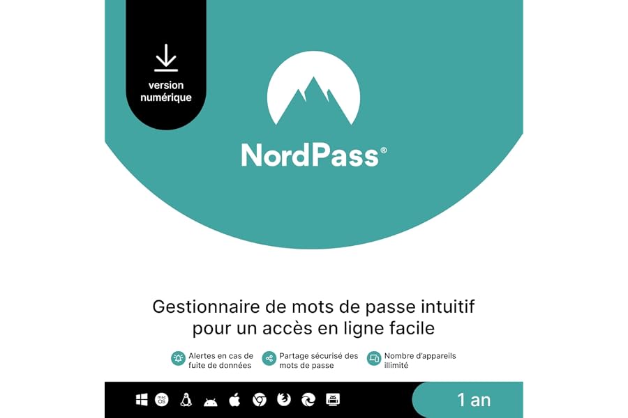 NordPass Premium, 1 An, Gestionnaire de Mots de Passe, Code Numérique