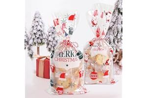 NETUME 60Pz Sacchetti Biscotti Natale, Sacchetti Natalizi Trasparenti per Caramelle,Alimenti,Dolci,Torte, Regali, Buste Biscotti,Sacchetti Celophan Trasparenti per Natale, Festa, con 100 Cravatte