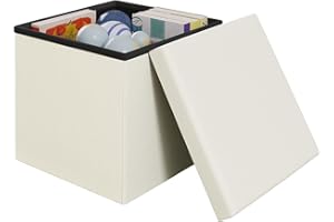 ‎KLIHOME Klihome Sitzhocker mit Stauraum, Kleine Faltbare Sitztruhe, Sitzwürfel aus Leinen, 38x38x38 cm, Aufbewahrungsbox mit abnehmbarem Deckel, gepolsterter Hocker als Fußablage, Creme