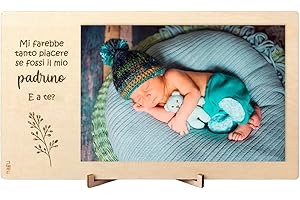 nagu® Cornice in Legno con Frase Vuoi essere il mio padrino – Foto Personalizzate Regalo per Padrini – Proposta di Battesimo – 12,5 x 22 cm per Foto 10x15 cm, con Supporto