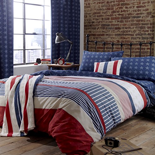 Catherine Lansfield Stars & Stripes - Funda nórdica y funda de almohada cama, 220 x 160 cm, color azul