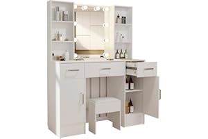 Umeiga Dressing Table with LED Lights, 39.5" W Large Vanity Table Set with Drawers, 100 x 140 x 40 cm White Bedroom Dresser Cosmetic Table with 2 Large Cabinets and 3 Drawers