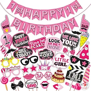WOBBOX First Birthday Photo Booth Party Props Pink for Baby Girl with 1st Birthday Bunting Banner for Baby Girl in Pink, 1st Birthday Decorations for Girl, Kids Birthday Party Decoration Items