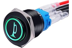 mxuteuk 19MM Raised Speaker Horn Momentary Push Button Switch 3/4" Mounting Hole 12V Green Led Light Black Stainless Steel Shell 1NO1NC SPDT with Pre-wiring Wires Switch For Car Modification BKG19LB-G