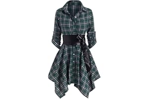 OLIPHEE Femmes Manches Longues Ceinturé Une Robe à Carreaux Chemise en Ligne Casual Tunique Robe