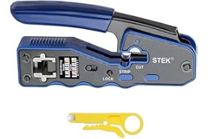 STEK RJ45 Pass through Crimper Tool Ethernet Network Crimping tool Cat5e Cat6a Cat7 Cat8 8P8C End Pass-Thru Modular Connector Ethernet Wire Crimper Tool, All-in-one RJ45 Cable Wire Stripper Cutter Crimping