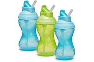 Munchkin Mighty Grip Cups with Straw | Trainer Toddler & Baby Bottle with Straw| BPA Free | Non Spill |Leakproof | Baby Weaning Cup from 12+ Months |Toddler Bottle 10oz/296ml| 3 Pack | Blue & Green