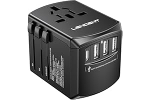 LENCENT Adattatore Universale da Viaggio, Caricatore Internazionale con 3 USB e 1 Tipo-C e Presa AC Ricarica, Adattatore Spina Universale per EU USA UK AUS, Caricabatterira USB per Telefono -Nero