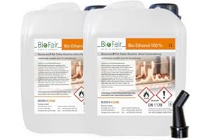 ‎BIOFAIR 10 Liter (2 x 5L) Bioethanol 100% in geprüfter Premium Qualität für Bioethanolkamin, Ethanol Tischkamin, Wandkamin