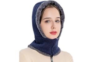 Moonlove Ladies Elegant Knitted Balaclava Hat Women's Scarf Hat Set with Zip Neck Ear Warmer Thick Windproof Fleece Padded Hood Cycling Skiing Cap Winter Outdoor