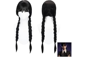 HAMINE Wednesday Schwarze Geflochtene Perücken,Lange schwarze geflochtene Perücken,Wednesday Geflochtene Schwarze Zopfperücke,Doppelt Geflochten Perücken,Geschenke für Cosplay Party Dekorationen