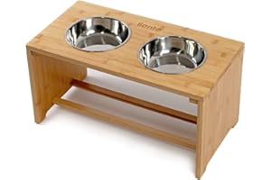 lionto Gamelle surélevée pour Chien en Bambou Robuste et Facile à Entretenir, 50x26x26 cm, Double écuelle pour Chiens et Chats, 2 Bols INOX Ø 18 cm, 1,2 l chacun, antidérapante