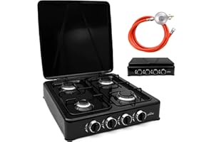 HOMELUX Réchaud à gaz 6,2 kW pour bouteille de gaz, 4 brûleurs, avec tuyau de gaz de 150 cm, plaque de cuisson avec couvercle, cuisinière à gaz d'extérieur (noir)