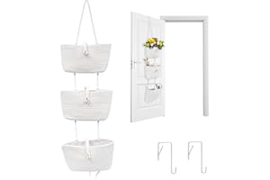 KIEYEENO Paniers de Rangement Suspendus pour Porte, Organisateur Suspendu en Corde de Coton Tissée, Armoire Suspendue avec 3 Poches, Solution de Rangement en Tissu pour Chambre à Coucher, Salle de Bain (WHITE)