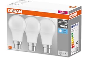OSRAM Ampoule LED avec Culot B22d, Blanc froid, Paquet de 3 Ampoules LED, Blanc Froid 4000 K , Efficacité 8,50 W équivalent à 60 W