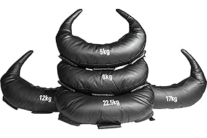 GORILLA SPORTS® Sac de Sable Bulgare - Poids de 5kg, 8kg, 12kg, 17kg et 22,5kg, 5 Boucles, en Cuir Synthétique, Noir - Sac de Puissance, Musculation, Sandbag, Entraînement de Force, Fitness, Boxe, Gym