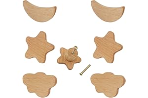AINIUNIU 6 PCS Tiradores de Madera para Cajones Infantiles Pomos, Pomos madera de armario Tiradores para Cajones Perillas Madera para muebles Luna Nube Estrella con Tornillos