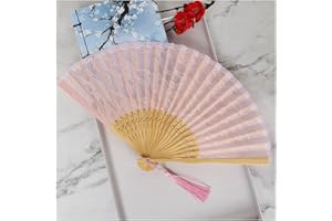 MeiYeAE Handfächer Spitze Eastern Wind Faltfächer Vintage Stil Hochzeit Fächer Braut Holz Gross Personalisiert Lace Dekofächer mit Quaste für Hochzeit Halloween Zubehör Party Rosa