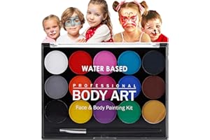 FONCBIEN Kit de pintura facial para niños, paleta profesional de pintura facial y corporal de 15 colores con pincel, lavable, pintura corporal y facial para niños/adultos, Pascua, Halloween
