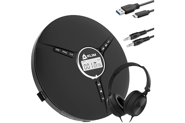 KLIM Discman avec Casque – Lecteur CD Portable avec Casque Audio - Batterie Intégrée - Nouveauté - Baladeur Lecteur CD pour Voiture, Mini Walkman CD, Compatible avec CD-R, CD-RW et MP3 - Noir