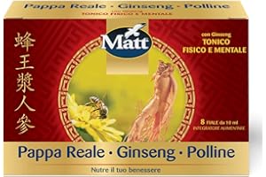 Matt, Pappa Reale Ginseng e Polline, Tonico Fisico e Mentale, Integratore Alimentare Senza Glutine Utile in Caso di Stanchezza Fisica e Mentale, Confezione con 8 Fiale da 10 ml