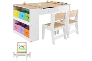 LIFEZEAL 3 in 1 Kindersitzgruppe Holz, Kindertisch mit 2 Stühlen, Kinder Tafel & Basteltisch & Lerntisch, Kindermöbel Kinderzimmer Set, Innen mit Papierrolle & Stauraum, ab 3 Jahren (Natur)