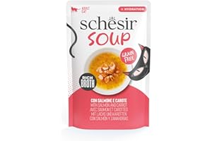 Schesir, Sopa con Filetes de Salmón y Zanahorias, Cibo Húmedo Complementario para Gatos, en Bolsas, Receta Original, 100% Natural, 12 x 40g