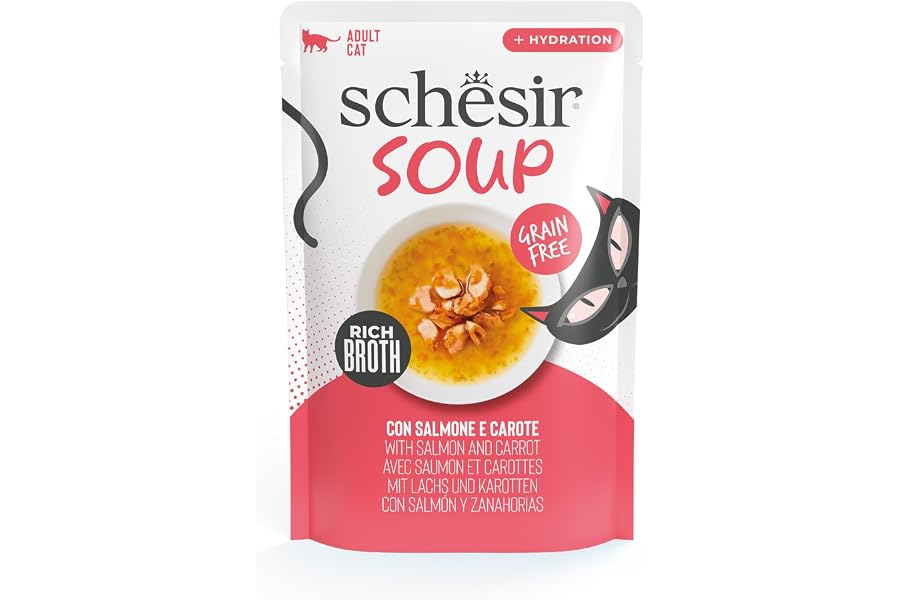 Schesir, Sopa con Filetes de Salmón y Zanahorias, Cibo Húmedo Complementario para Gatos, Receta Original, 100% Natural, Cruel