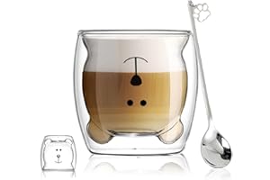 BINOSTER Słodkie Filiżanki Do Kawy i Herbaty, Dwuścienne Szklanki Termiczne, Kubek z Misiem i Kotem (Szczęśliwy Miś)