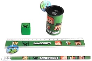 Scuola, SET di SCRITTURA compatibile con MINECRAFT per la SCUOLA ORIGINALE con MATITA + RIGA + TEMPERINO + GOMMA