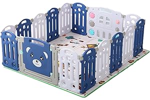 Nine point nine Playpen for Baby and Toddler, Large Play Pen with Mat, Foldable Infant Fence, Child Activity Center Play Yard Playground Park Indoor Outdoor for Kid with Anti-Collision Foam (14+2)