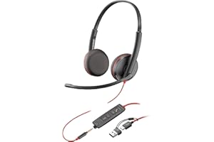 Auricular Poly Blackwire 3225 con cable - Micrófono con cancelación de ruido - Diseño estéreo - Conexión a PC/Mac/dispositivo móvil mediante USB-C, USB-A o conector de 3,5 mm - Funciona: Teams y Zoom