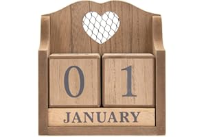 THORNE ANTIQUES AND COLLECTABLES Desktop Perpetual Calendar Natural Wooden Finish With Cutout Heart Detail, Month and Date Calender Blocks, 13cm wide by 7cm depth and 14cm height