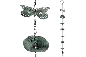 Aifeorzo 4 Ft Rain Chain, Lotus Leaf Rain Chains for Gutters and Downspouts, Metal Butterfly Decorative Rain Catcher Chains for Outside, Dark Green