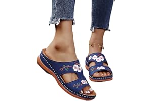 MIYYO Damen Orthopädische Sandalen Vintage Blumenstickerei Schlappen 2023 Sommer Peep Toe Hausschuhe Keil PU-Leder Pantoffeln Gummi Plateau Pantoffeln Freizeit Strandschuhe