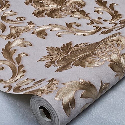 Kaluori 32,8 Ft x1.738ft Luxus Metallic Gold und Creme Strukturierte Damast Tapete Home Raum Wand Papier Rollen für Wohnzimmer, Schlafzimmer, Bars - 2
