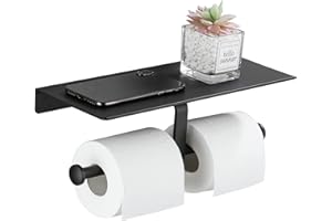 Gricol Porte Rouleau de Papier Toilette Hygiénique sans Perçage avec Etagère de Téléphone Portable Support Mural Double pour Salle de Bains (Noir)